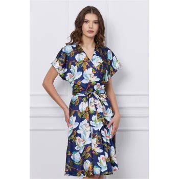 Rochie Mira bleumarin cu imprimeuri florale si cordon in talie