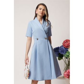 Rochie office din stofa bleu cu croi petrecut si nasturi in talie