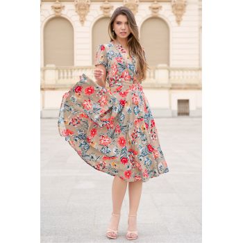 Rochiedin viscoza bej cu croi petrecut si imprimeu floral rosu