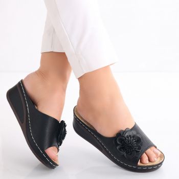 Papuci dama cu platforma Negri din piele ecologica Lestya de firma originali