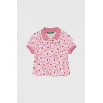 United Colors of Benetton tricou polo copii culoarea roz, cu guler ieftin