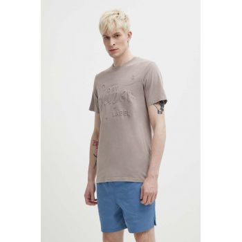 Superdry tricou din bumbac barbati, culoarea bej, cu imprimeu ieftin