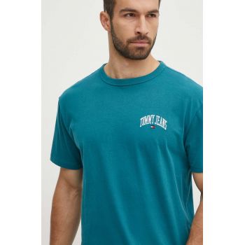 Tommy Jeans tricou din bumbac bărbați, culoarea verde, cu imprimeu, DM0DM18665