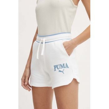 Puma pantaloni scurti SQUAD femei, culoarea alb, cu imprimeu, high waist, 678704