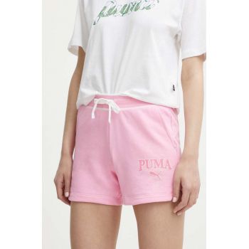 Puma pantaloni scurti SQUAD femei, culoarea roz, cu imprimeu, high waist, 678704