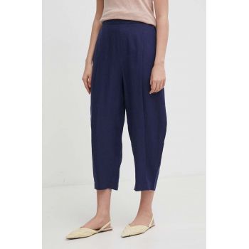 United Colors of Benetton pantaloni din in culoarea albastru marin, lat, high waist