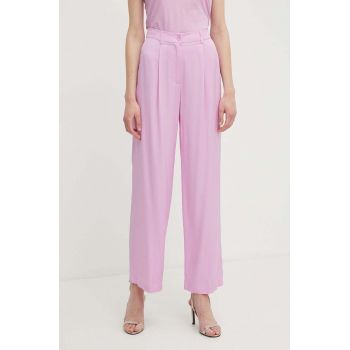 Sisley pantaloni femei, culoarea roz, drept, high waist