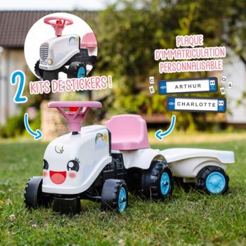 Tractor pentru copii fara pedale Falk FK 206B roz, cu remorca, recomandat copiilor de la 1 la 3 ani, greutate maxima admisa 25 kg