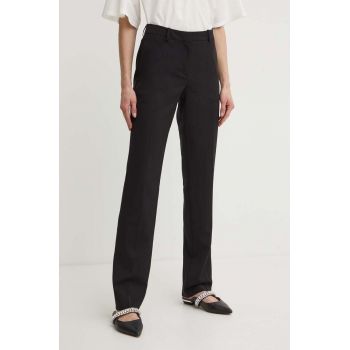 BOSS pantaloni de lana culoarea negru, drept, high waist, 50490045