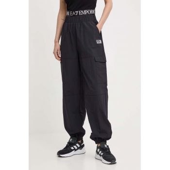 EA7 Emporio Armani pantaloni femei, culoarea negru, fason cargo, high waist