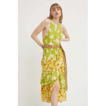 Never Fully Dressed rochie din bumbac culoarea verde, maxi, evazati