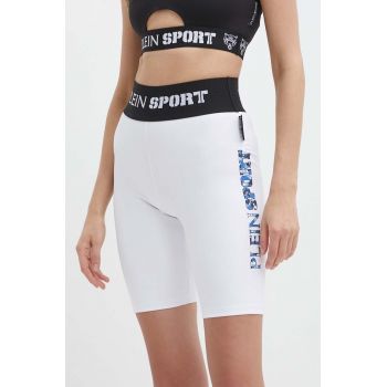 PLEIN SPORT pantaloni scurti femei, culoarea alb, modelator, high waist de firma originali