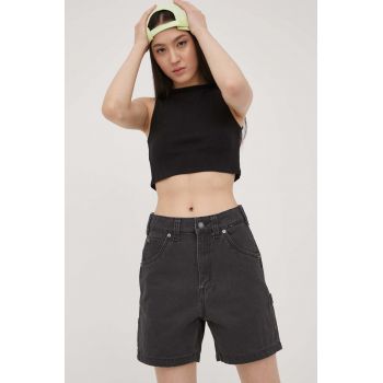 Dickies pantaloni scurti jeans femei, culoarea negru, neted, high waist