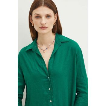 Medicine camasa de in femei, culoarea verde, cu guler clasic, relaxed