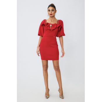 Rochie de ocazie din neopren cu funda si strass-uri Lydia Rosie
