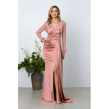 Rochie de ocazie din licra satinat cu strass-uri pe maneci Isaura Somon