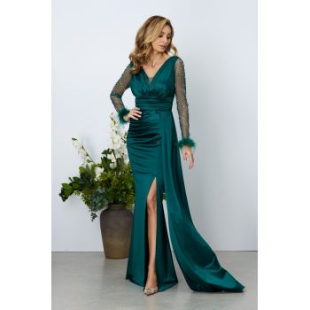 Rochie de ocazie din licra satinat cu strass-uri pe maneci Isaura Verde