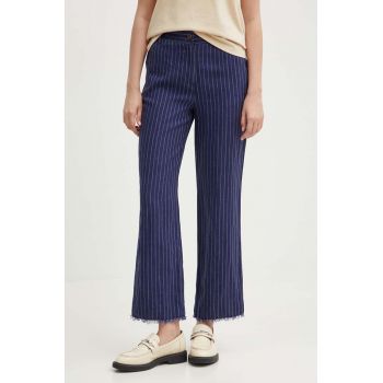 Sisley pantaloni din in culoarea albastru marin, drept, high waist