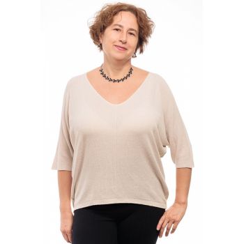 Bluza fin tricotata bob de orez, cu maneca fluture 3 4, bej