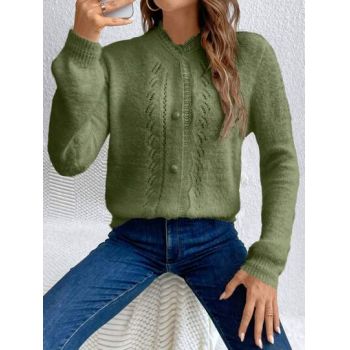 Cardigan cu nasturi si model tricotat, verde, dama