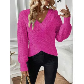 Pulover tricotat cu decolteu in V, roz ieftin