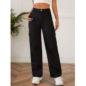 Pantaloni largi stil cargo, cu talie inalta, Petite, negru