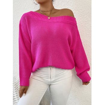 Pulover cu umar gol, model tricotat, roz de firma original