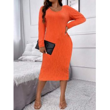 Rochie midi din tricot, cu maneca lunga, portocaliu, dama ieftina
