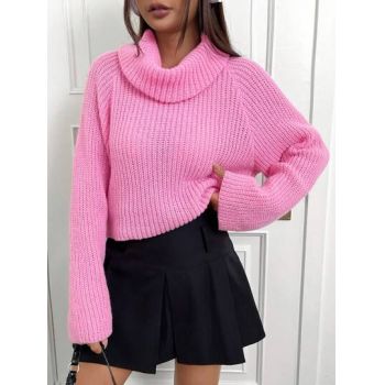 Pulover cu guler, din tricot, roz, dama, Shein de firma original