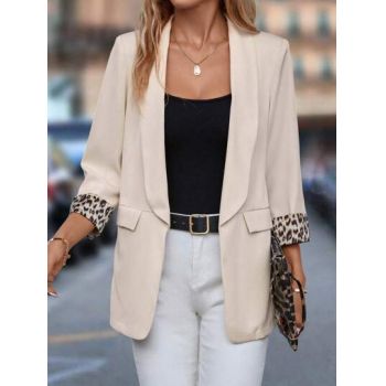 Blazer cu imprimeu leopard la maneci, crem, dama, Shein