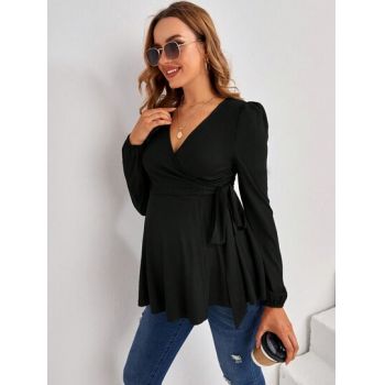 Bluza cu decolteu si volan, negru, dama, Shein