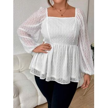 Bluza cu volan, decolteu patrat, maneca lunga si model, alb, dama, Shein