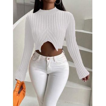 Pulover din tricot, asimetrica, cu guler si maneci lungi, alb, dama, Shein