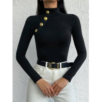 Bluza pe gat, cu aplicatii nasturi aurii, negru, dama, Shein