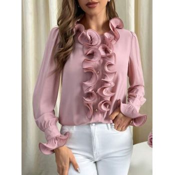 Bluza stil camasa cu volanase, roz