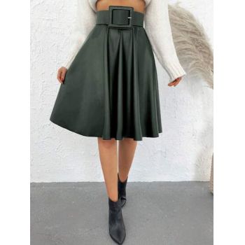 Fusta midi din piele cu talie inalta, verde, dama, Shein
