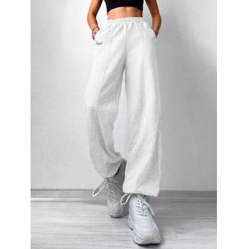 Pantaloni cu imprimeu scris si cu talie inalta, alb, dama, Shein