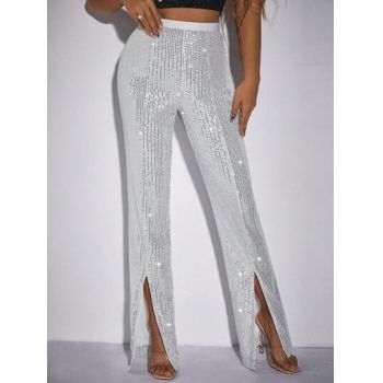Pantaloni cu paiete si talie inalta, alb, dama, Shein