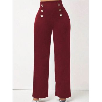 Pantaloni cu talie inalta si cu nasturi, rosu, dama, Shein