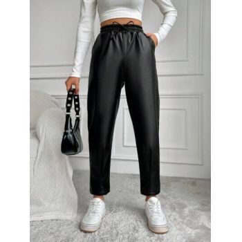 Pantaloni din piele cu snur si talie inalta, negru, dama, Shein