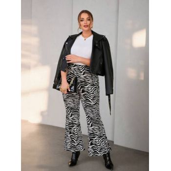 Pantaloni evazati cu imprimeu si talie inalta, negru, dama, Shein