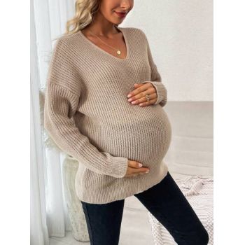 Pulover din tricot, cu decolteu, Maternity, crem, dama, Shein