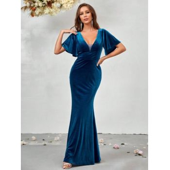 Rochie maxi cu decolteu si maneca scurta, din catifea, albastru, dama, Shein