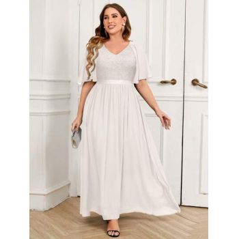 Rochie maxi cu decolteu si maneci scurte, bufante, alb, dama, Shein