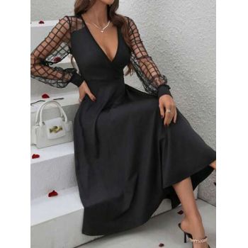 Rochie maxi cu decolteu si maneci transparente, negru, dama, Shein