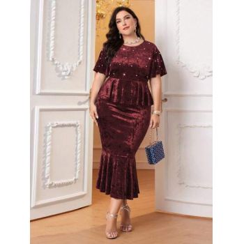 Rochie maxi cu volan, aplicatii pietre si maneca scurta, din catifea, visiniu, dama, Shein