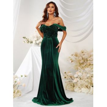 Rochie maxi eleganta cu umerii goi si cu sclipici, verde, dama, Shein