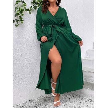 Rochie maxi petrecuta, cu slit si cordon, verde, dama, Shein