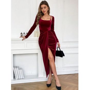 Rochie maxi petrecuta cu slit si maneci lungi, visiniu, dama, Shein
