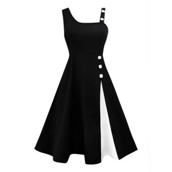 Rochie midi asimetrica cu nasturi si bretele, negru, dama, Shein